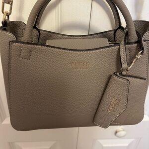 GUESS Taupe/Gray Pebbled Leather Satchel with Gold Hardware